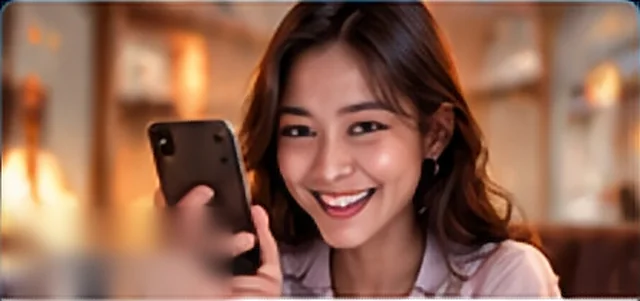 ผู้หญิงยิ้มถือมือถือเล่นเกม